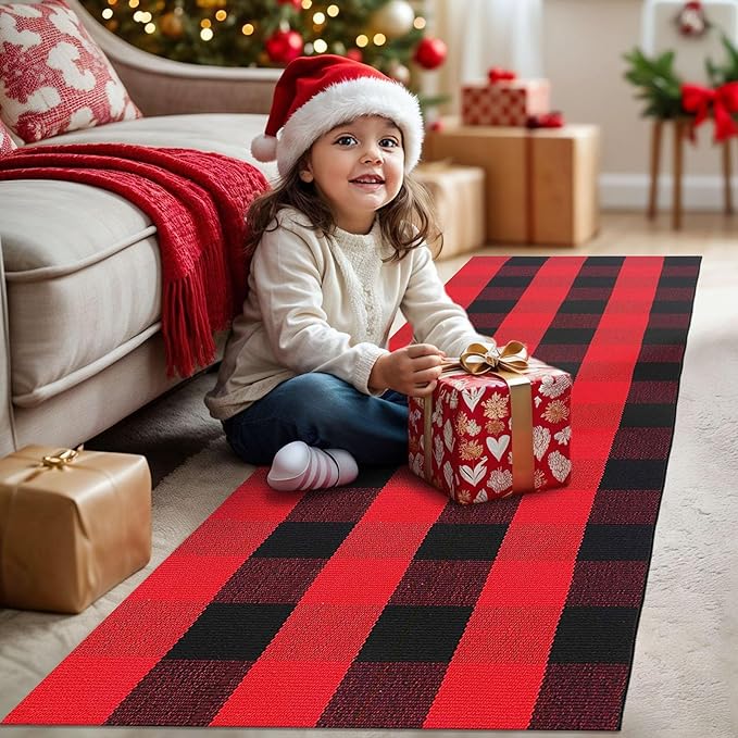 KOZYFLY Buffalo Plaid Rug 2x6 Ft Runners for Hallways Washable Checkered Rug Red and Black Christmas Rugs Woven Cotton Kitchen Fall Rug Halloween Decor for Hallway Kitchen Living Room