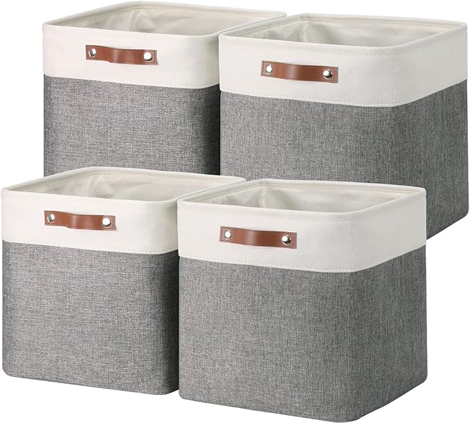 Temary 13 Inch Storage Cubes Baskets Fabric Storage Bins Cube Storage Baskets with PU Leather Handle Clothes Basket for Gift, Large Baskets for Storage Toys, Books, Blankets