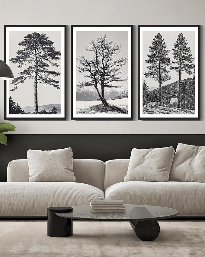 KUVIOKE Vintage Black Gray Forest Wall Art Framed Antique Retro Tree Prints Modern Rustic Artwork Bedroom Living Room Ready to Hang 16x24in (Black Framed)