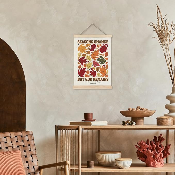 Supwhd Christian Fall Wall Art with Wooden Poster Hanger, Fall Wall Decor, Fall Posters, Farmhouse Autumn Harvest Thanksgiving Wall Art Decor, Fall Home Decor, Seasons Change God Remains 12x16