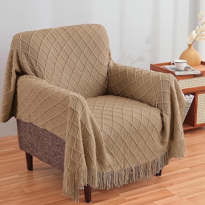 inhand Knitted Throw Blankets for Couch and Bed, Soft Cozy Knit Blanket with Tassel, Khaki Lightweight Decorative Blankets and Throws, Farmhouse Warm Woven Blanket for Men and Women, 60"x80"
