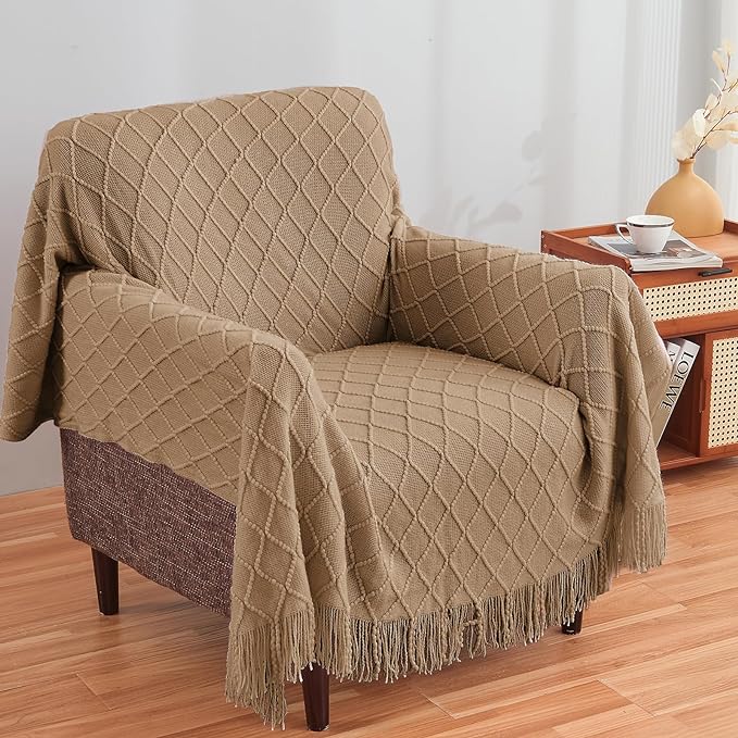 inhand Knitted Throw Blankets for Couch and Bed, Soft Cozy Knit Blanket with Tassel, Khaki Lightweight Decorative Blankets and Throws, Farmhouse Warm Woven Blanket for Men and Women, 50"x60"