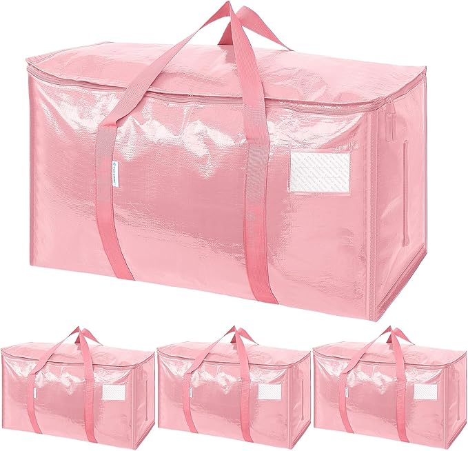 TICONN 4 Pack Extra Large Moving Bags with Zippers & Carrying Handles, Heavy-Duty Storage Tote Moving Boxes for Space Saving (4 Pack, Coral)