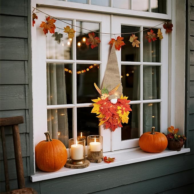 Fall Wreaths Gnome Door Hanging Garland with Maple Leaves LED String Lights, Artificial Maple Leaves Wreath for Autumn Harvest Thanksgiving Decoration Home Indoor Outdoor A