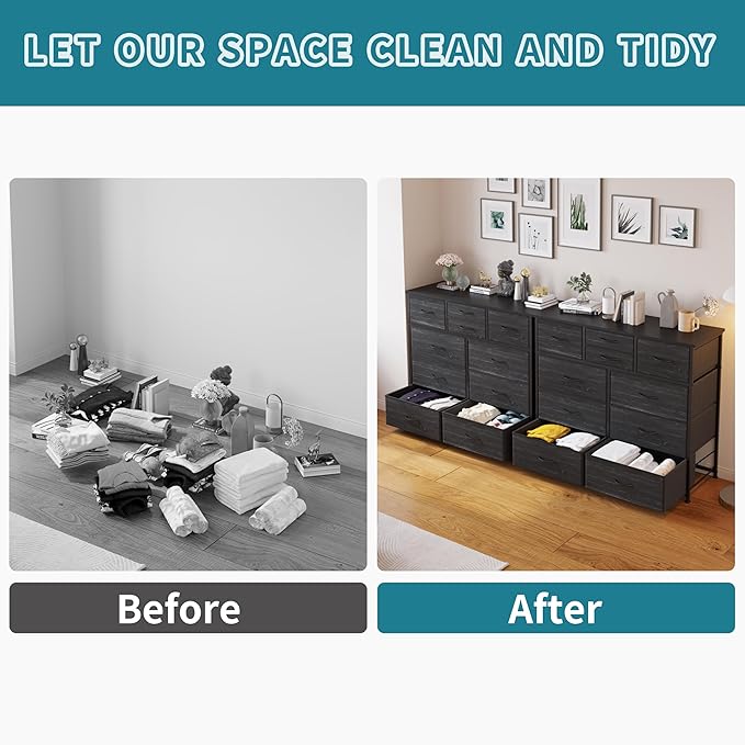 LUMTOK 10-Drawer Dresser, Fabric Dressers Drawers for Bedroom, Hallway, Nursery, Closets, Steel Frame, Wood Top, Easy Pull Handle (Black Wood Veins)