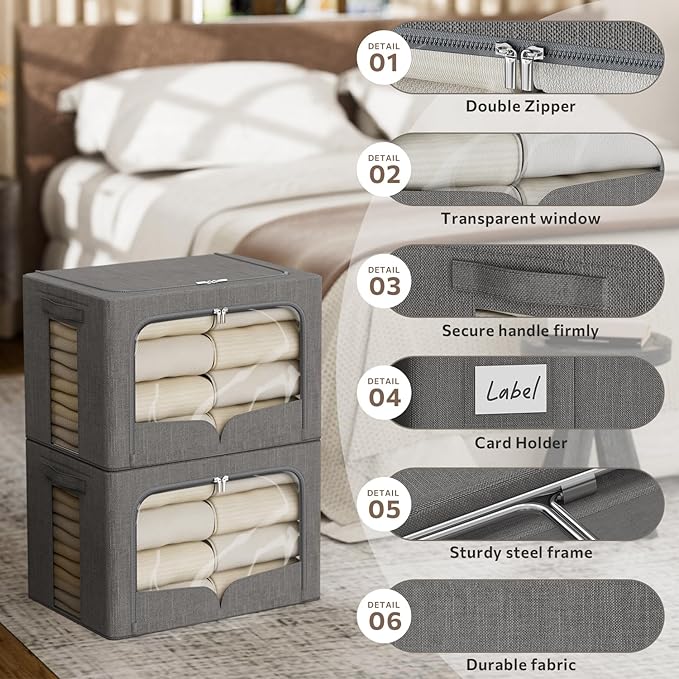 3 Pack Clothes Storage Bins Foldable Metal Frame Storage Box Stackable Linen Fabric Organizer Set with Carrying Handles and Clear Window (Dark Gray, 15.7x11.8x11.8inch(36L))