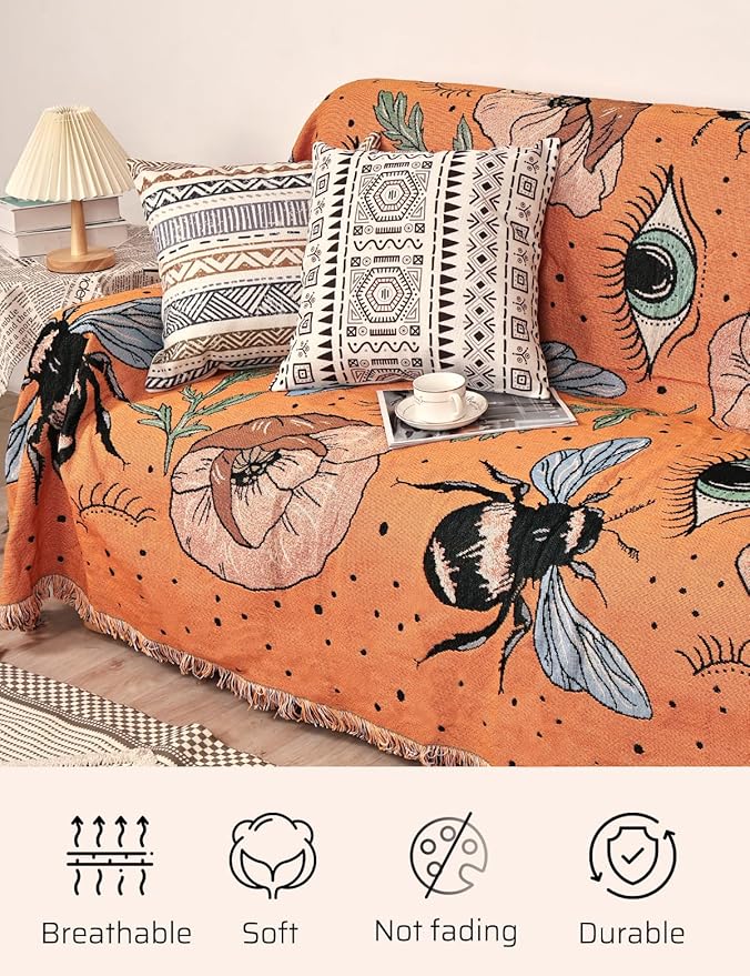 Boho Throw Blanket for Bed Couch Sofa Reversible Cotton Bohemian Travel Boho Quilt Mexican Muslin Blanket Tapestry Hippie Room Decor Outdoor Blanket Double Sided (Boho Bee Yelow 70"x90")