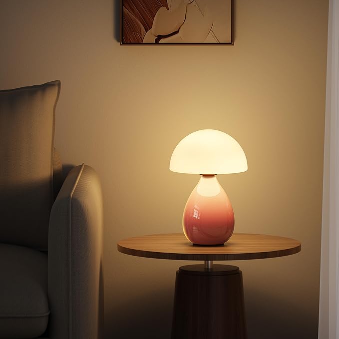 Mushroom Lamp Table Light, Mini Modern Lamp Bedside Small Table Nightstand LED, Small Light Dimmable for Bedroom, Living Room, Ceramic Base Glass Led Home Decor for Woman Children Gift