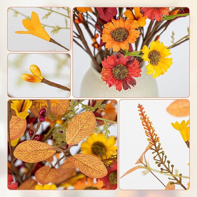 12 PCs Artificial Fall Flowers 17 Inches Vintage Autumn Stems Rustic Fall Floral Picks with Orange Forsythia Daisy Flowers Wildflower Stems for Farmhouse Indoor Vase Table Centerpieces Decor