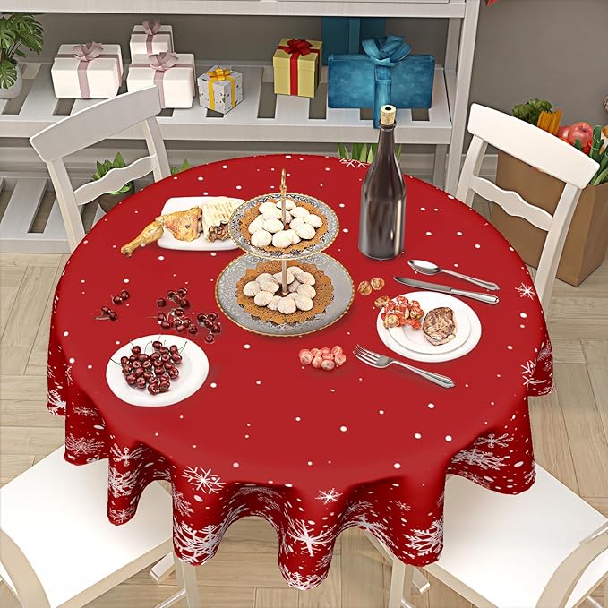 Christmas Round Tablecloth 60 Inch, Merry Christmas Snowflake Round Table Cloth Outdoor Waterproof Christmas Tablecloths Red Xmas Cover Holiday Tabletop Decoration for Kitchen Home Party Dining
