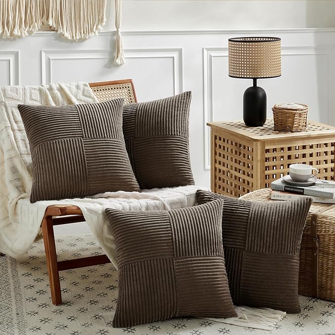 Fancy Homi 4 Packs Dark Brown Decorative Throw Pillow Covers 16x16 Inch for Living Room Couch Bed Sofa, Rustic Farmhouse Boho Home Decor, Soft Cross Patchwork Corduroy Textured Cushion Case 40x40 cm