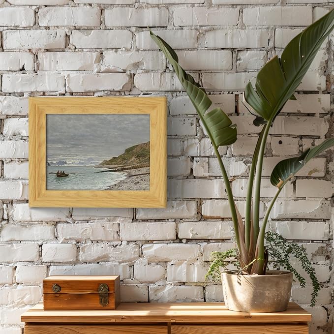 Brivoria Framed Canvas Wall Art Vintage Decor, Realistic Coastal Landscape with Rowboat Rocky Shore and Cliffside Under Grey Sky for Kitchen Entryway Shelf Display or Tabletop Decor, 8"x10"