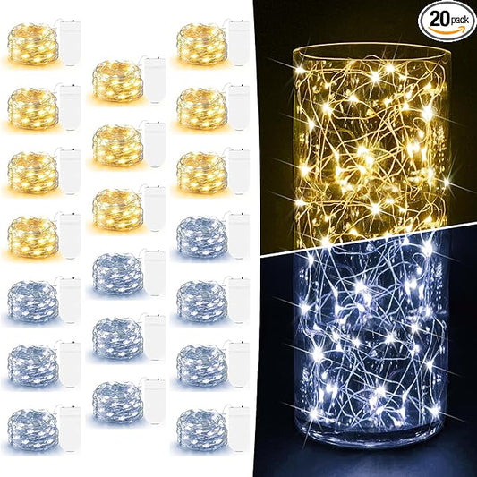 20 Pack Fairy Lights Battery Operated 7ft 20 LED Mini Fairy String Lights Waterproof Copper Wire Firefly Starry Lights for Wedding Party Mason Jars Christmas Decorations, Warm White & Cool White