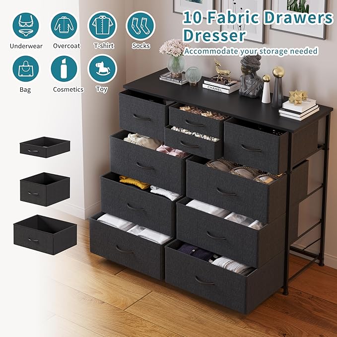 LUMTOK 10-Drawer Dresser, Fabric Storage Dressers for Bedroom, Hallway, Nursery, Closets, Steel Frame, Wood Top, Easy Pull Handle (Grey)