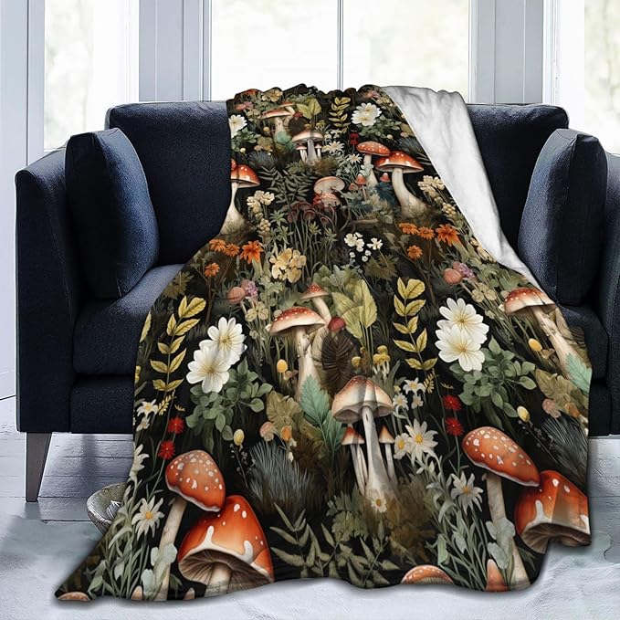 Mushroom Blanket Gifts Floral Weed Flannel Throw Blankets for Home Decor Couch Bed Sofa Soft Fuzzy Lightweight for All Season 80x60 Inches