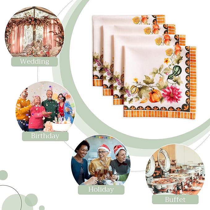 Maison d' Hermine Cloth Napkins Set of 4 100% Cotton Everyday Reusable Square Napkins Cloth Washable, Dinner, Party, Wedding, Restaurant (Pumpkin Garden - Cloudy Cream, 20" x 20")