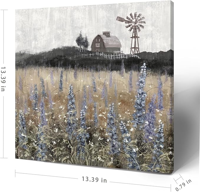 Bathroom Wall Art Vintage Farmhouse Canvas Print Retro Countryside Flower Field Nature Meadow Landscape Rustic Windmill Barn Picture Framed Artwork for Home Bedroom Living Room Black Purple 14x14inch