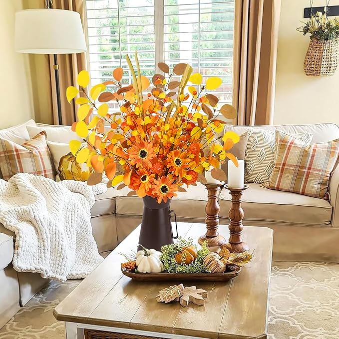 Agusbagli Artificial Fall Flowers with Metal Pot, 22.5" Farmhouse Fall Pumpkin Arrangement with Eucalyptus Leaves Fake Fall Plants Autumn Flowers in Vase for Table Centerpieces Harvest Home Decor