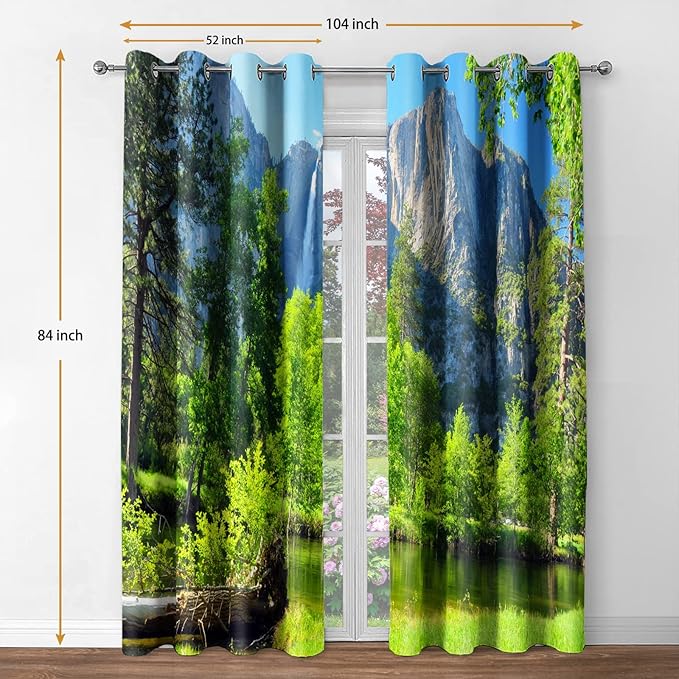 Jekeno Mountains Forest Blackout Curtains Jungle Green Trees River Lake in Bright Sunshine Nature Scenery Decor Bedroom Living Room Darkening Grommet Window Drapes 2 Panel Set, 52"x84"