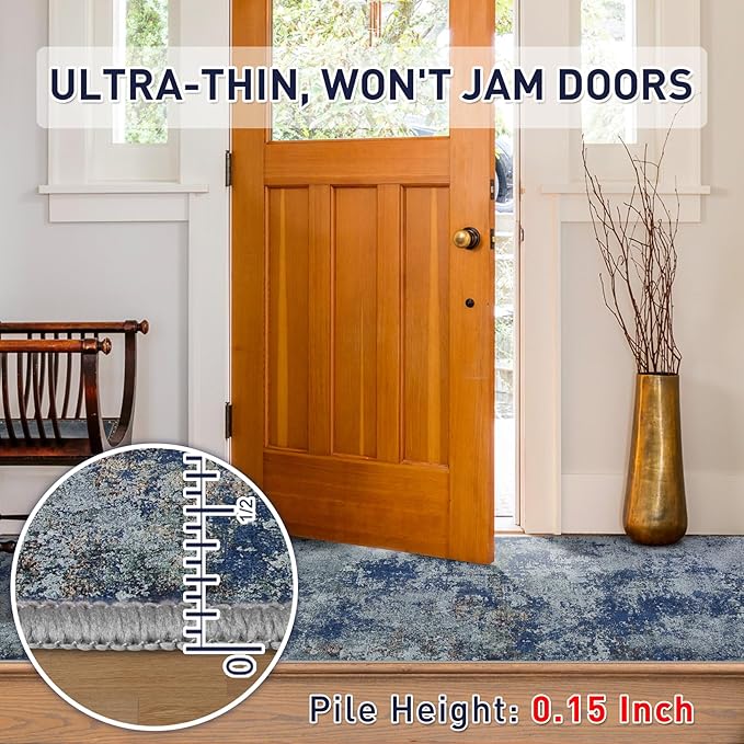 Runner Rug 2'6''x8' Washable Rugs: Machine Washable Hallway Runner Rug with Non Slip Backing Non Shedding Abstract Stain Resistant Carpet for Kitchen Entryway Laundry Bedroom - Blue