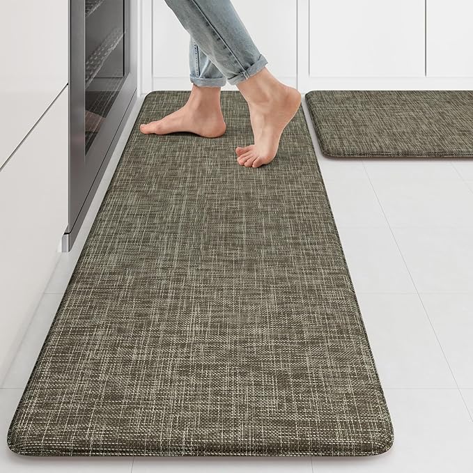 KIMODE Kitchen Mats Cushioned Anti Fatigue, Farmhouse Kitchen Rugs 17"x47"+17"x29", Non Slip Kitchen Mats for Floor, Padded Kitchen Floor Mats for Sink Laundry Office Desk Brown/Green