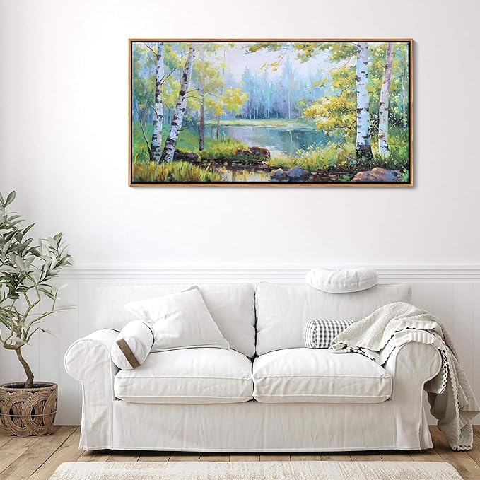 YCPRIMER Forest Wall Art - Birch Tree Canvas Wall Decor Green Trees Picture for Living Room Lake Forest Landscape Painting Home Bedroom Decoration Green and White Framed Artwork Decor 24×48IN