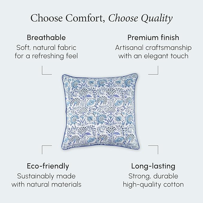 CPC 100% Cotton Throw Pillow Covers 16X16 Blue Block Print Pattern Couch Pillow, Cute Boho Decorative Pillows for Living Room, Bedroom with Hidden Zipper- Indigo Blue