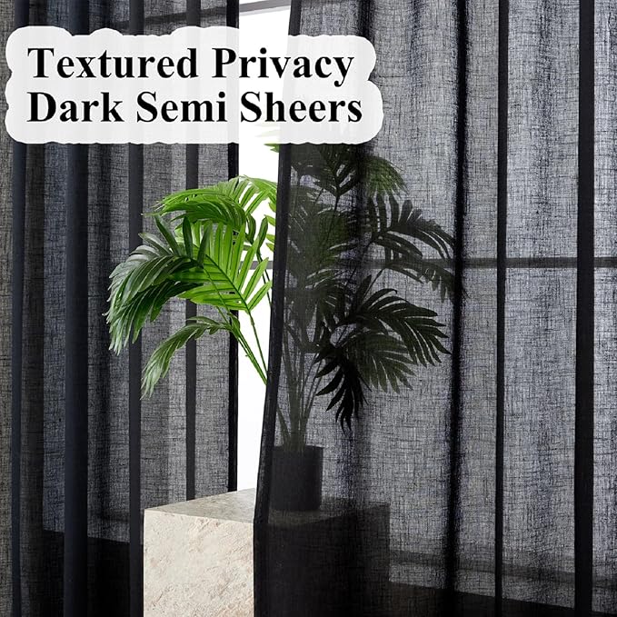 Black Semi Sheer Curtains 96 Inches Long, Linen Textured Light Filtering Drapes for Living Room Bedroom, Dark Moody Modern Farmhouse Window Decor, Pinch Pleat Curtain with Hooks