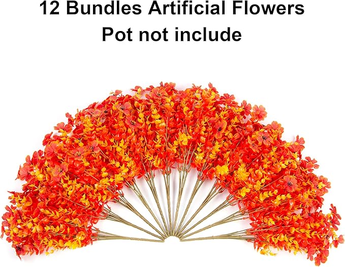 Artificial Fall Flowers Faux Mums for Outdoor Indoor Garden Home Decoration, Faux Flower Daisy with Eucalyptus Leaves Fake Plants Greenery Boxwood Porch Patio, 12 Bundles (Sunset)