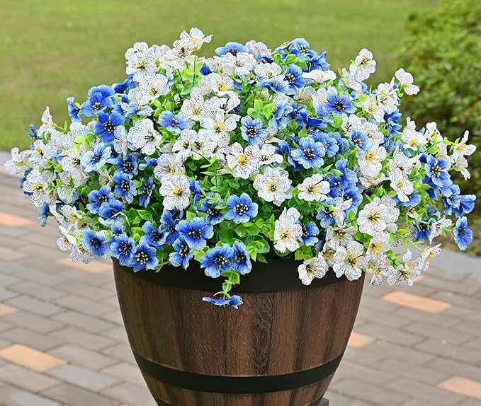 LADADA 6 Bundles Artificial Fake Flowers，Fake Blue Silk Daisy with Eucalyptus for Planter Pot UV Resistant Realistic for Outside Porch Home Patio Garden Decoration (White Blue)