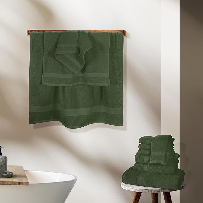 GLAMBURG Ultra Soft 24-Piece Towel Set - 100% Pure Ringspun Cotton, Contains 8 Oversized Bath Towels 27x54, 8 Hand Towels 16x28, 8 Wash Cloths 13x13 - Ideal for Everyday use, Hotel & Spa - Olive Green