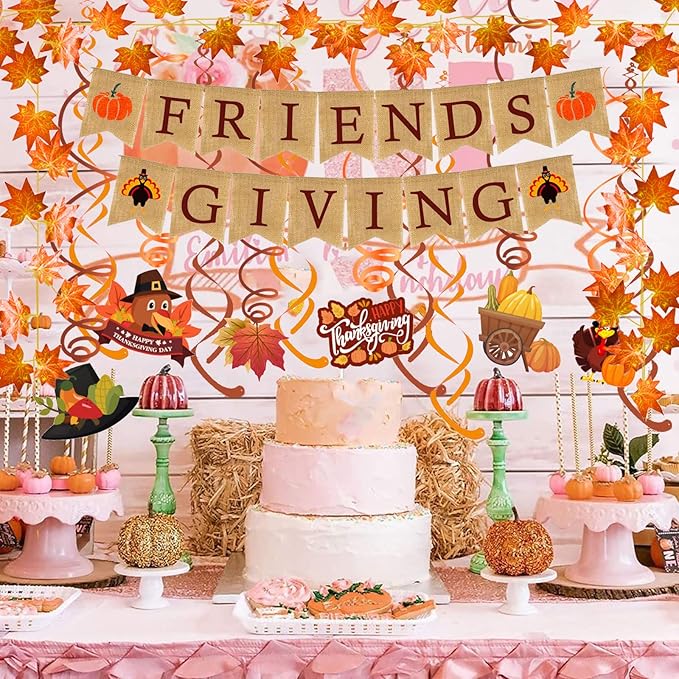 FRIENDSGIVING Burlap Banner Paper Triangular Bunting Maple leaf Garland Plastic Streamer for Thanksgiving Day Party Decoration