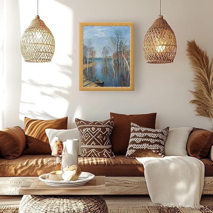 Brivoria Framed Canvas Wall Art Vintage Decor, Realistic Spring Art Print with Mat of Birch Trees Still Water and Cool Light for Living Room Statement Wall or Nature-Inspired Display, 16"x20"