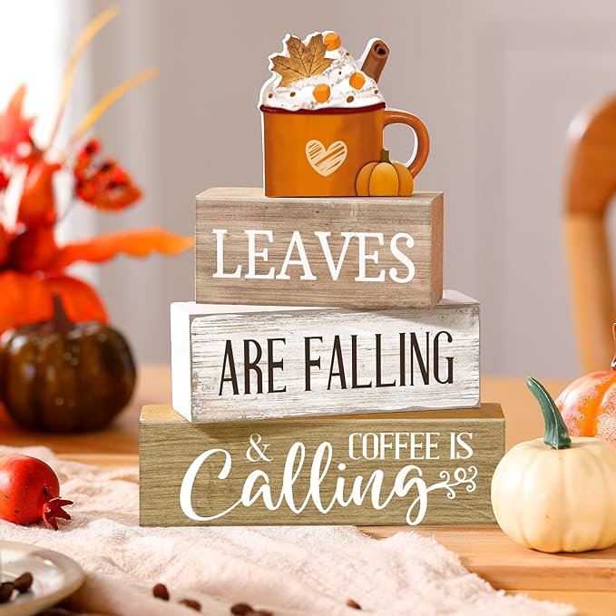 4 Pcs Fall Decorations for Home Thanksgiving Tiered Tray Decor Fall Tabletop Decor Thanksgiving Centerpiece Rustic Wood Hot Cocoa Cup Block Sign for Autumn Table Mantel Decorations
