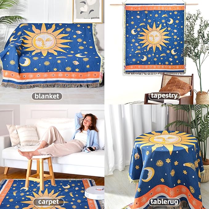 Boho Throw Blanket Reversible Cotton Bohemian Tapestry Hippie Room Decor Outdoor Blanket Double Sided (Boho Sun Blue 50"x60")