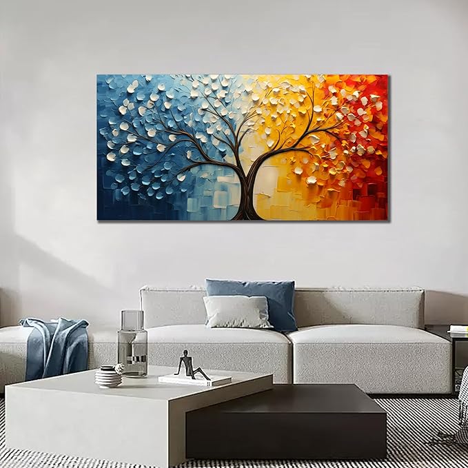 Colorful Tree of Life Wall Art for Living Room Blue and Orange Tree Picture Large Artwork Office Bedroom Canvas Prints Size 24x48