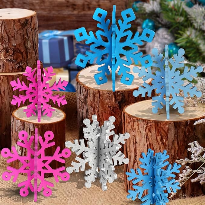 OuMuaMua 6 Sets Snowflake Christmas Table Decorations - 12pcs Blue Fuchsia Purple Sliver Wooden 3D Snowflake Decor Tabletop Centerpieces for Christmas Winter Wonderland Party Supplies Home