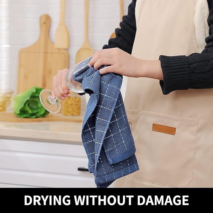 Homaxy 100% Cotton Terry Kitchen Towels(Navy Blue, 13 x 28 inches), Checkered Designed, Soft and Super Absorbent Dish Towels, 8 Pack