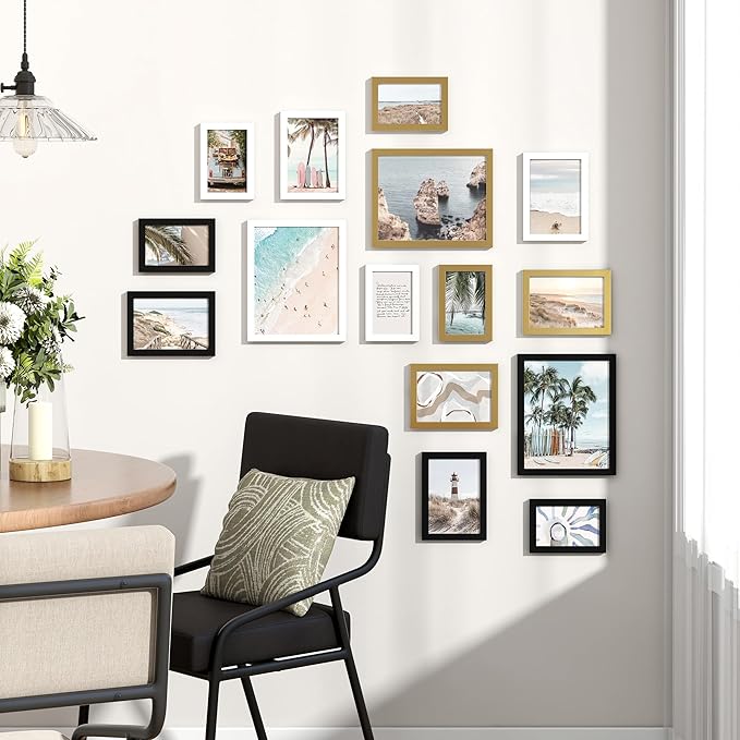 15 Pack Picture Frames Collage Wall Decor, Gallery Frame Set for Wall Mounting or Tabletop Display, Multi Sizes Including 3pcs 8x10, 6pcs 5x7, 6pcs 4x6, Black+White+Gold
