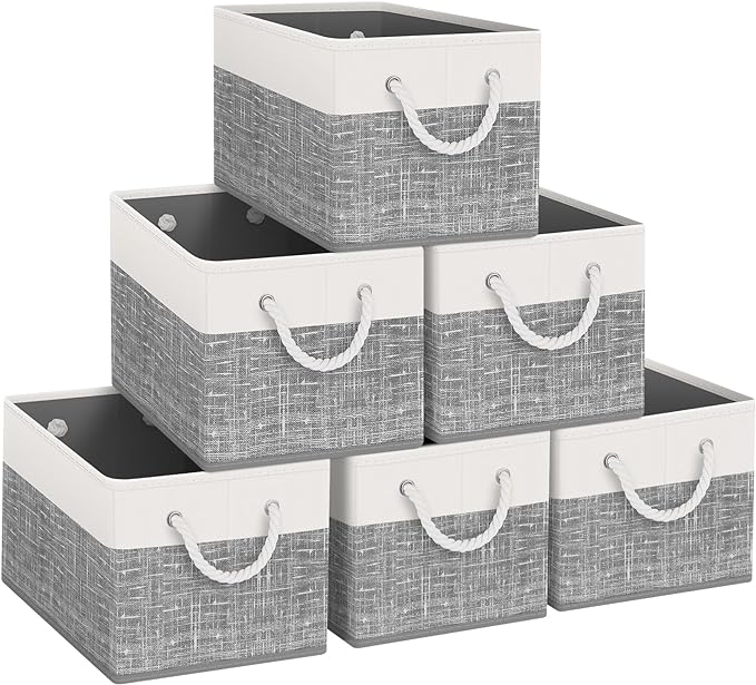 Fab Totes Foldable Storage Baskets - 6-Pack, Organize Toys, Books, Shelves, Closet - Large Storage Box with Rope Handles, Sturdy White & Grey Bins