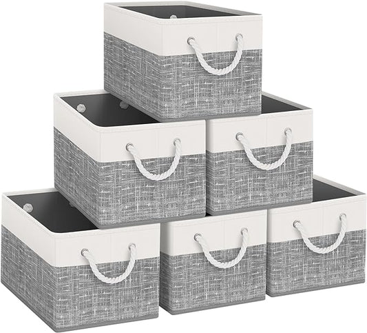 Fab Totes Foldable Storage Baskets - 6-Pack, Organize Toys, Books, Shelves, Closet - Large Storage Box with Rope Handles, Sturdy White & Grey Bins