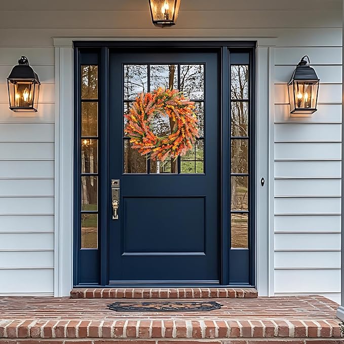 26 Inch Fall Flower Wreath for Front Door, Autumn Yellow Orange Forsythia Flower Indoor Outdoor Wreath with Berries Foam Leaves