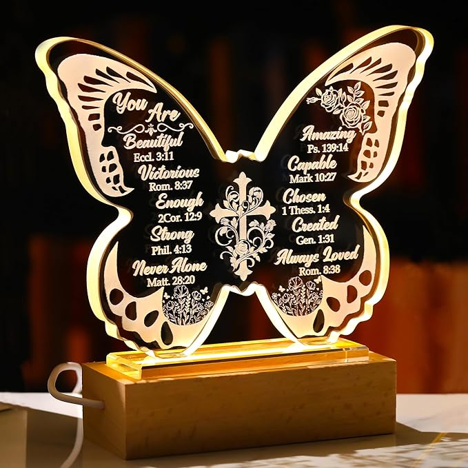 Ornalrist Christian Gifts for Women - Butterfly Inspirational Religious Gifts with Bible Verses and Prayers Rose Cross for Her, Mom, Friend, Sister - Religious Glass Keepsake Warm LED Light Base