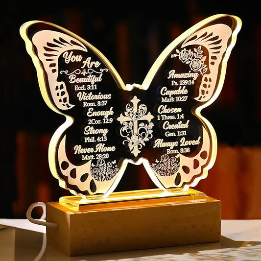Ornalrist Christian Gifts for Women - Butterfly Inspirational Religious Gifts with Bible Verses and Prayers Rose Cross for Her, Mom, Friend, Sister - Religious Glass Keepsake Warm LED Light Base