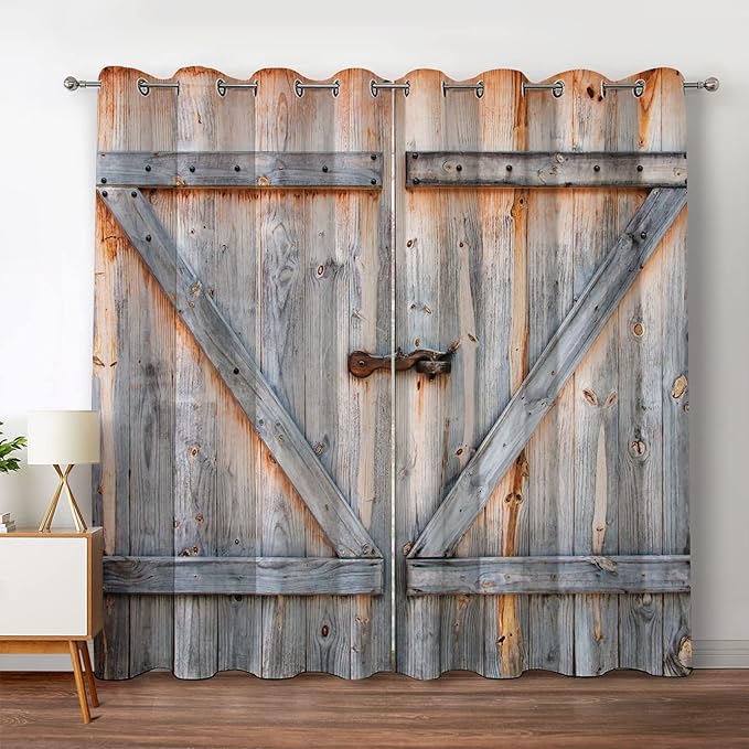 Jekeno Wood Barn Door Blackout Curtains Rustic Farmhouse Wooden Door in Retro Color Oak Board Countryside Village Rural Decor for Bedroom Living Room Grommet Window Drapes 2 Panel Set, 42"x54"