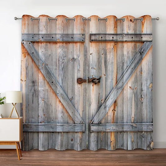 Jekeno Wood Barn Door Blackout Curtains Rustic Farmhouse Wooden Door in Retro Color Oak Board Countryside Village Rural Decor for Bedroom Living Room Grommet Window Drapes 2 Panel Set, 42"x54"