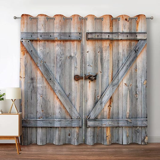 Jekeno Wood Barn Door Blackout Curtains Rustic Farmhouse Wooden Door in Retro Color Oak Board Countryside Village Rural Decor for Bedroom Living Room Grommet Window Drapes 2 Panel Set, 42"x84"