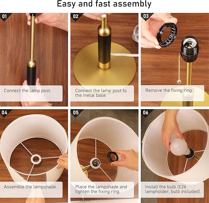 26.4" Living Room Modern Table Lamp Bedside Lamps for Bedroom 3-Color Temperatures Pull Chain Switch Nightstand Lamp for End Tables Wood Fabric for Home/Office/Desk Decor (Light Brown+Brass)