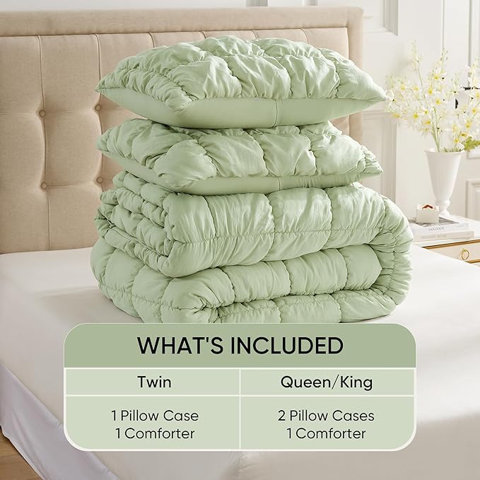 Amelie Home Sage Green Bubble Comforter Set Queen Size, 3 Pieces Ultra Soft Cozy Bedding Set for All Seasons, Farmhouse Luxury Gift for Women Home Decor, 90 x 90 inches