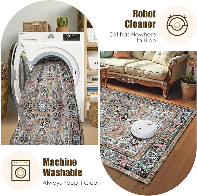 Washable Area Rug 6' x 9' Vintage Traditional Persian Mat - Foldable Distressed Non-Slip Machine Washable Carpet for Living Room Bedroom Kitchen Home Decor - Slate and Multicolor